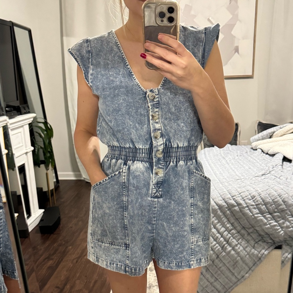 Cute Girly Flare Sleeves Blue Denim Pull Up Stretch Romper - Picture 11 of 11